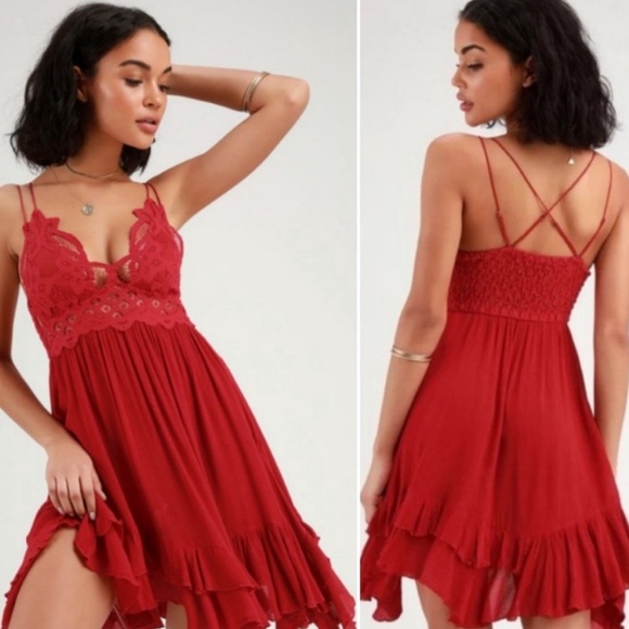Free People Adella Red Lace Dress - Flowy, Size Small / P - Picture 2 of 5